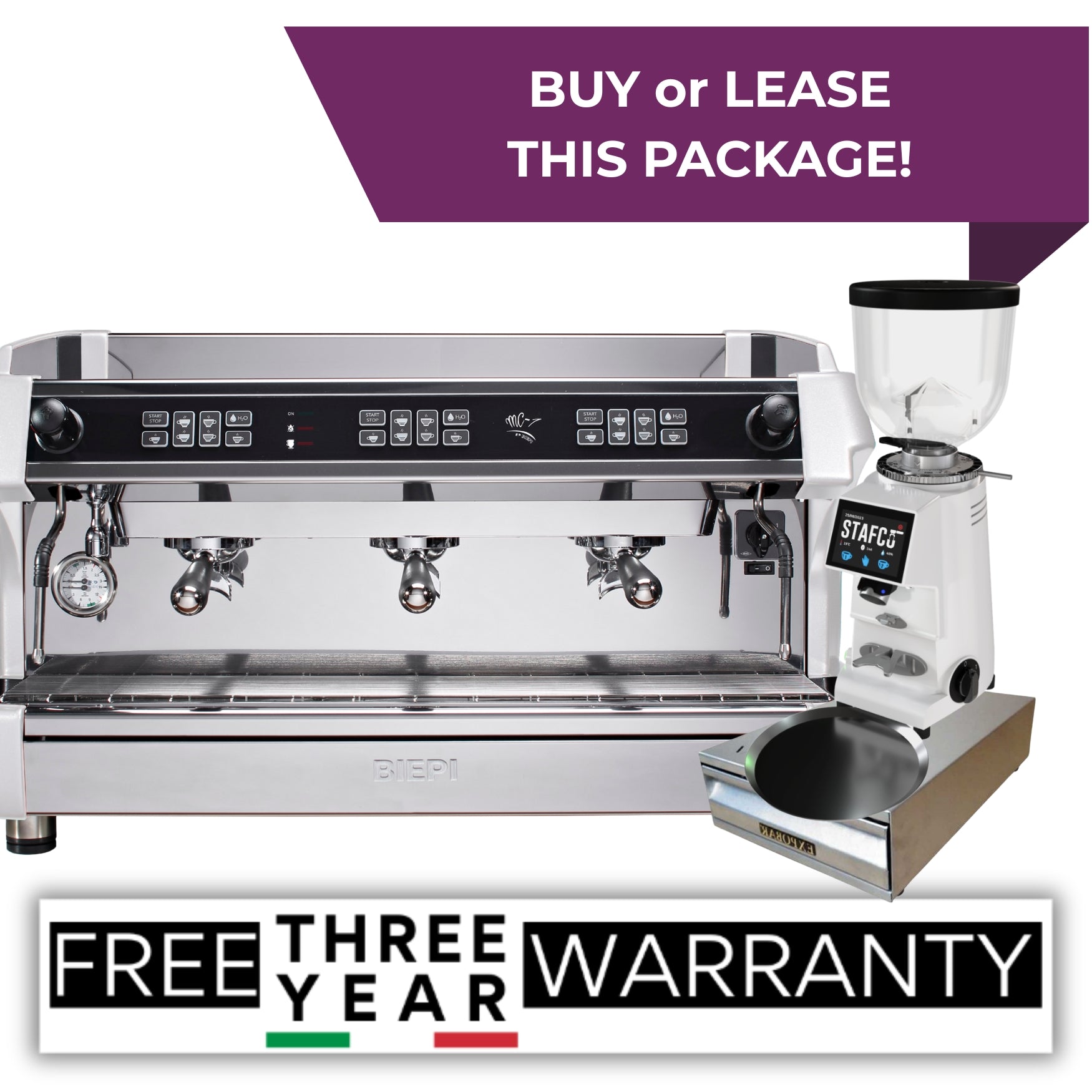 Biepi MC-1 3 group espresso machine bundle deal with grinder & barista training – buy or lease