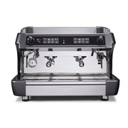 Front view of the Biepi MC-1 traditional 2 group barista espresso machine in chrome and black, built for high street cafés and hospitality, available to lease or buy with a 3-year warranty.