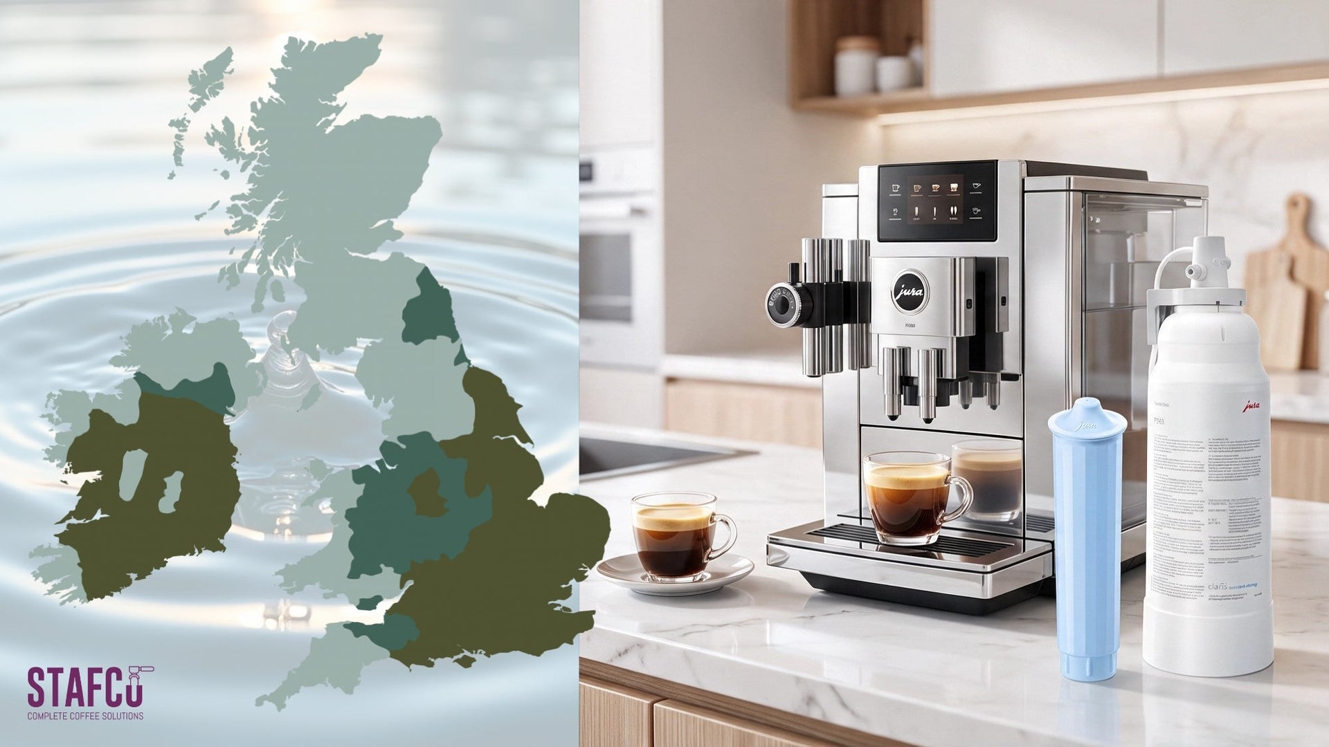 UK water hardness map showing regional water hardness levels and the potential risk of limescale in coffee machines.