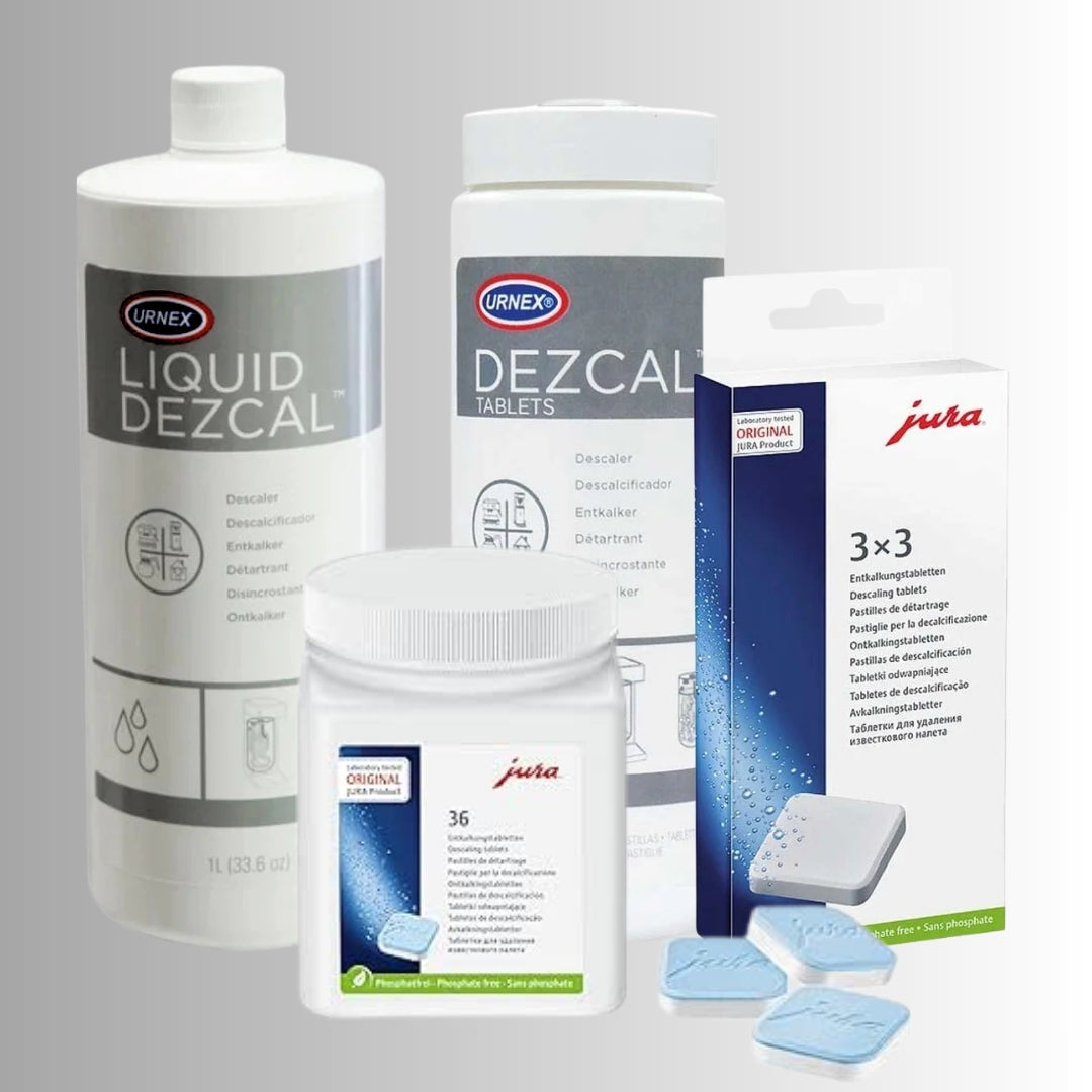 JURA descaling tablets and Urnex Dezcal liquid, powder and tablets for compatible coffee machines.
