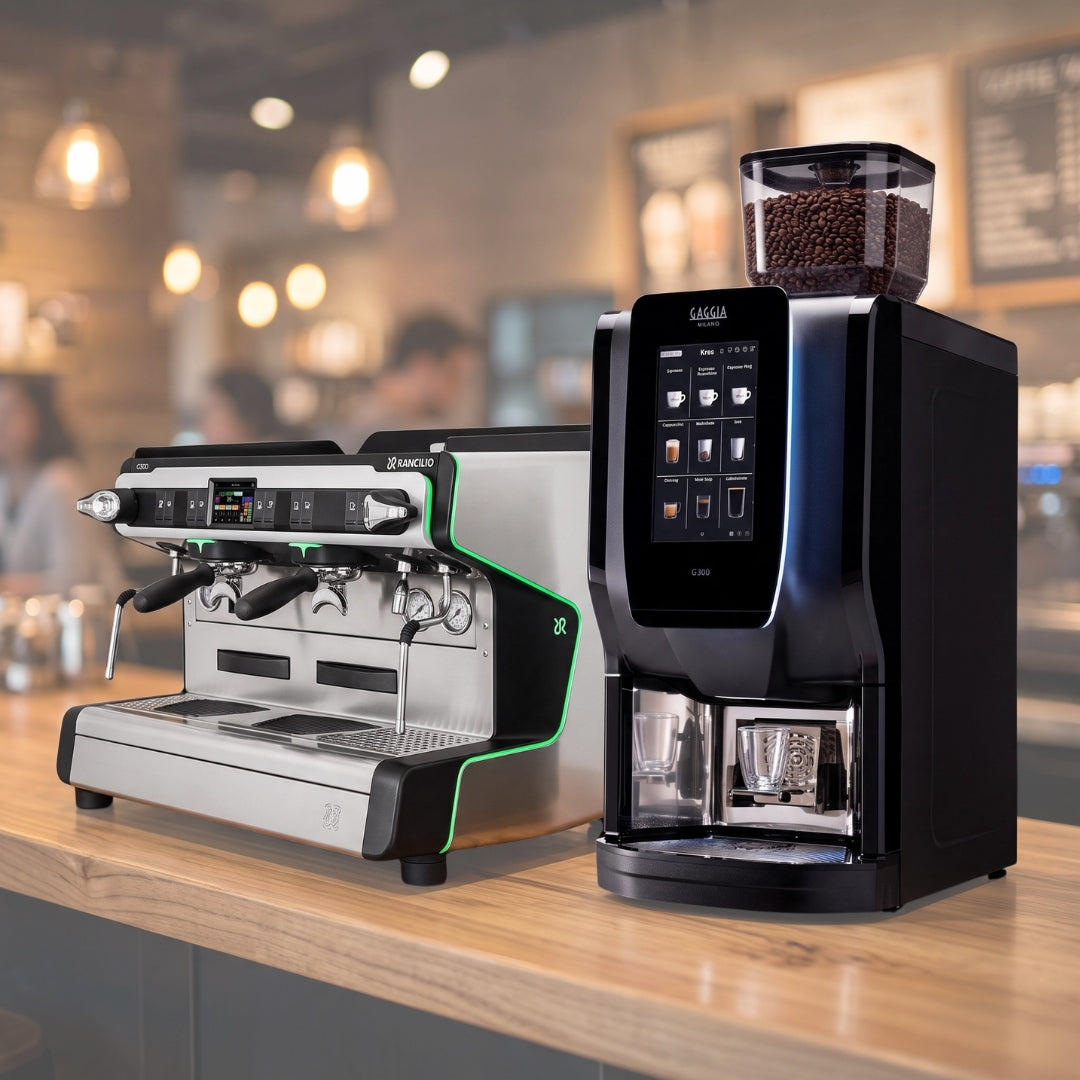 Traditional barista espresso machines and automatic bean-to-cup coffee machines for cafés and coffee shops.
