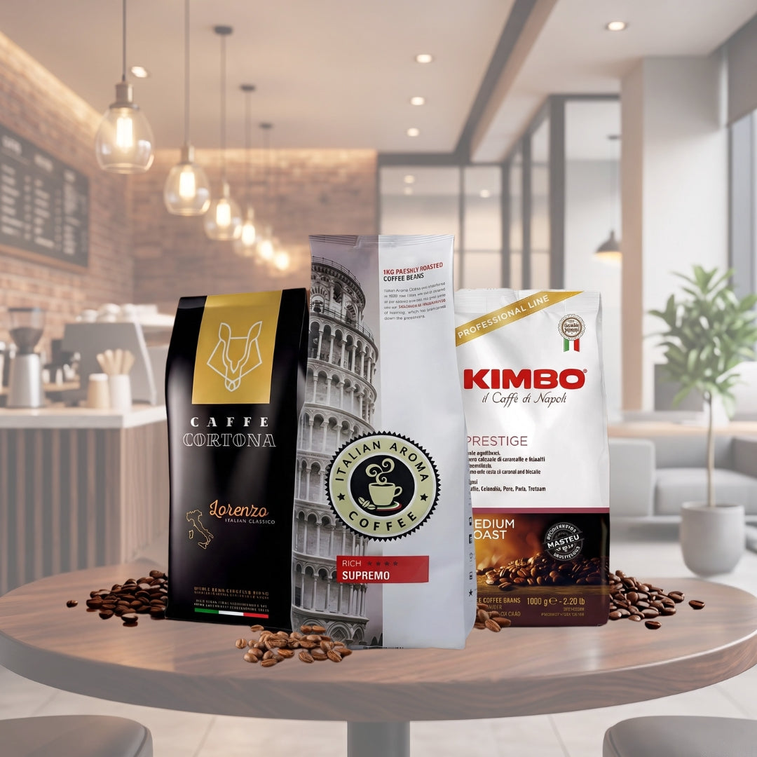 Italian Aroma, Kimbo and Caffe Cortona whole coffee beans in 1kg bags and larger cases - free delivery on orders over £85