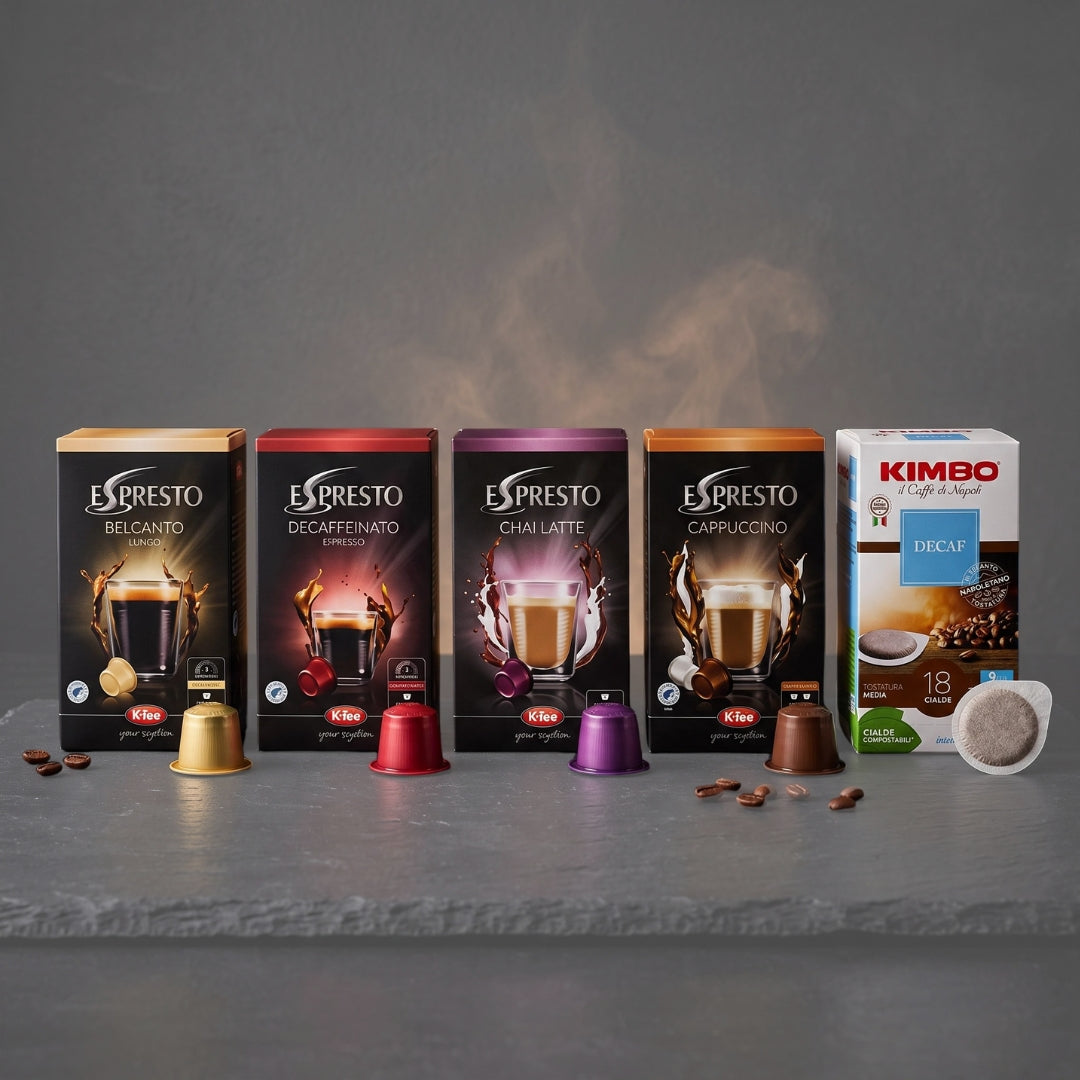 Espresto coffee and hot-drink capsules for K-Fee machines with Kimbo Decaf Easy Serving Espresso coffee pods.