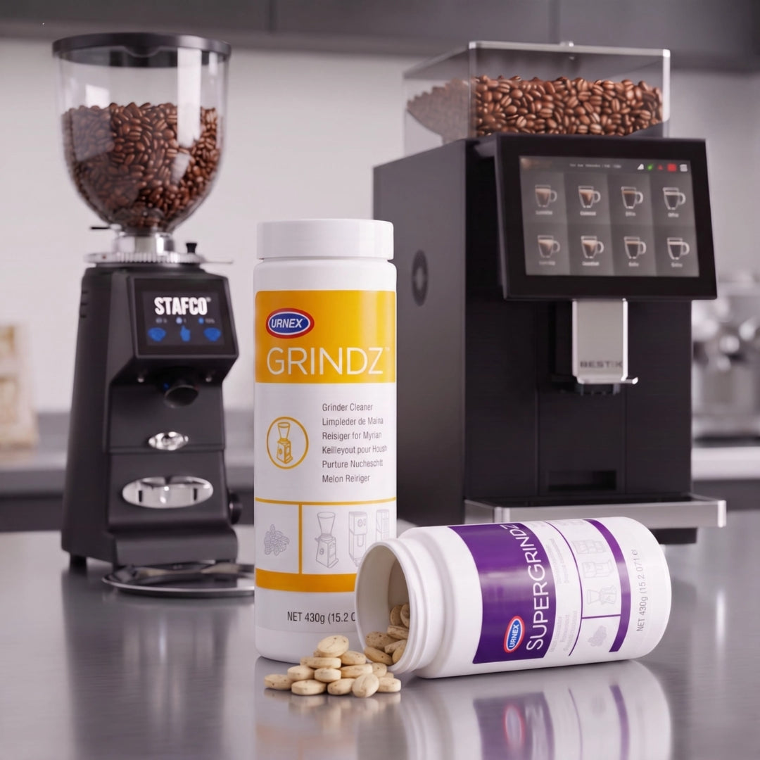 Urnex Grindz and SuperGrindz coffee grinder cleaning tablets for professional grinders and bean-to-cup machines.