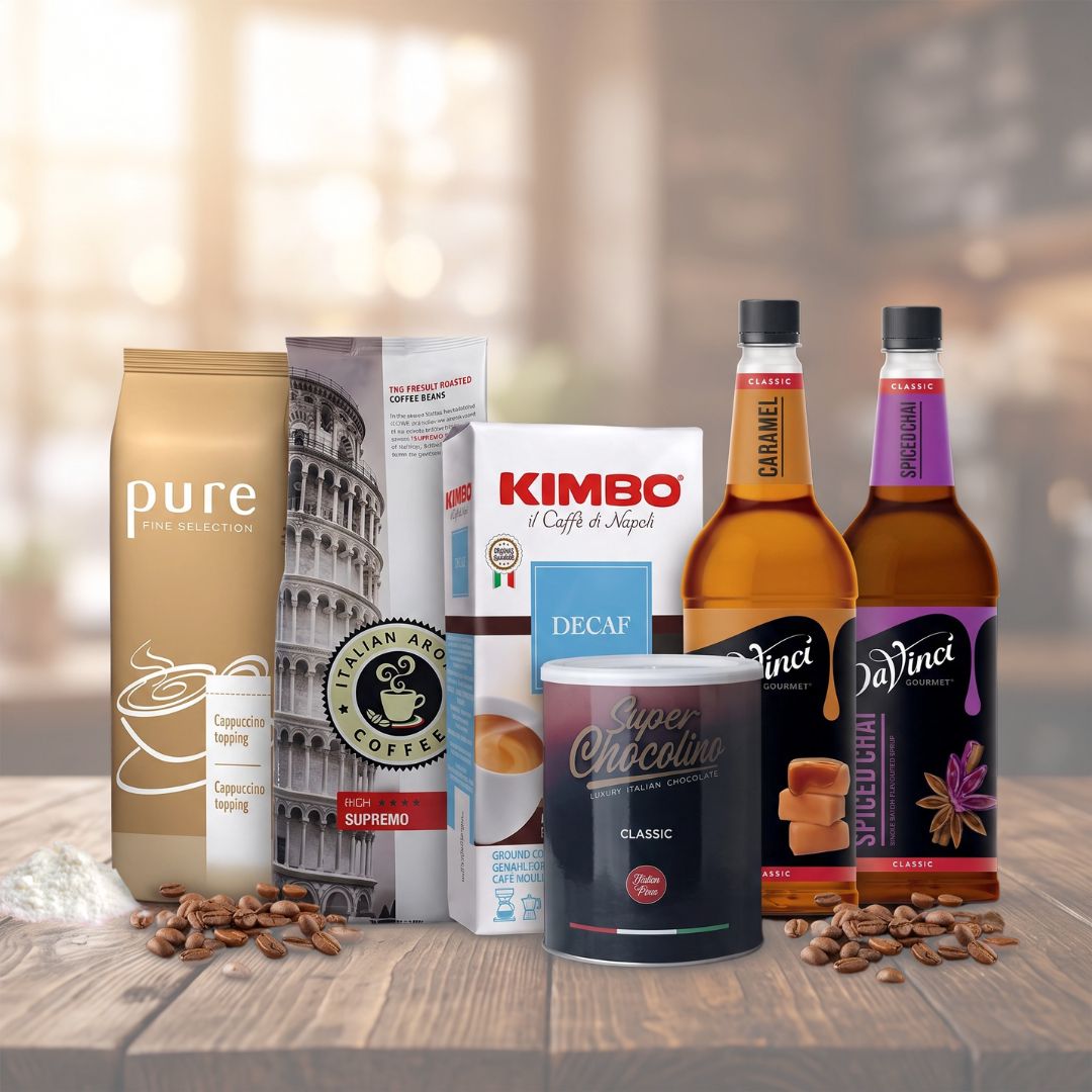 Alt text: Coffee beans, coffee capsules, syrups, soluble milk and hot chocolate ingredients from StafCo