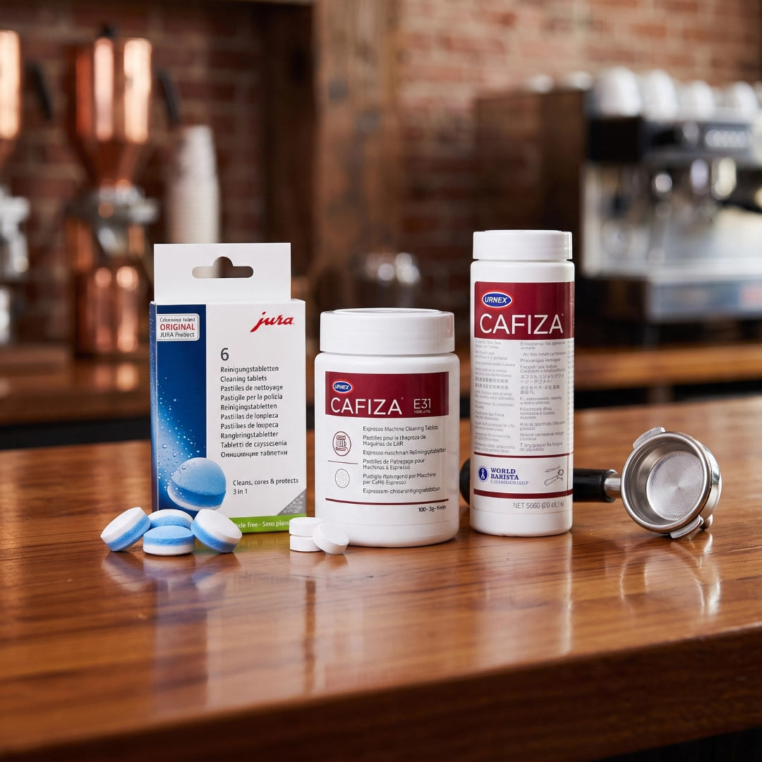 Coffee machine cleaning tablets and powders for bean-to-cup machines and traditional espresso equipment.