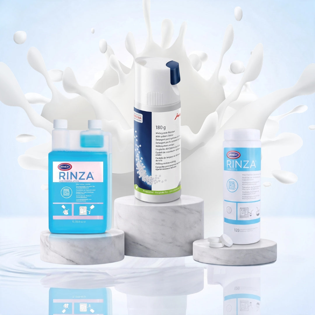 JURA and Urnex milk-system cleaners for coffee machine milk lines, frothers and steam-wand components.