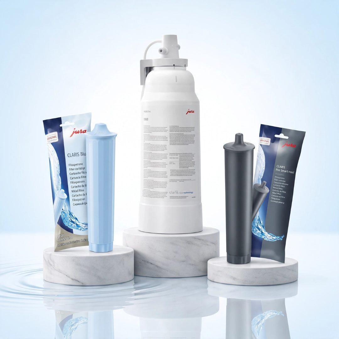 JURA CLARIS tank filters and F-series external coffee machine water-filter cartridges.