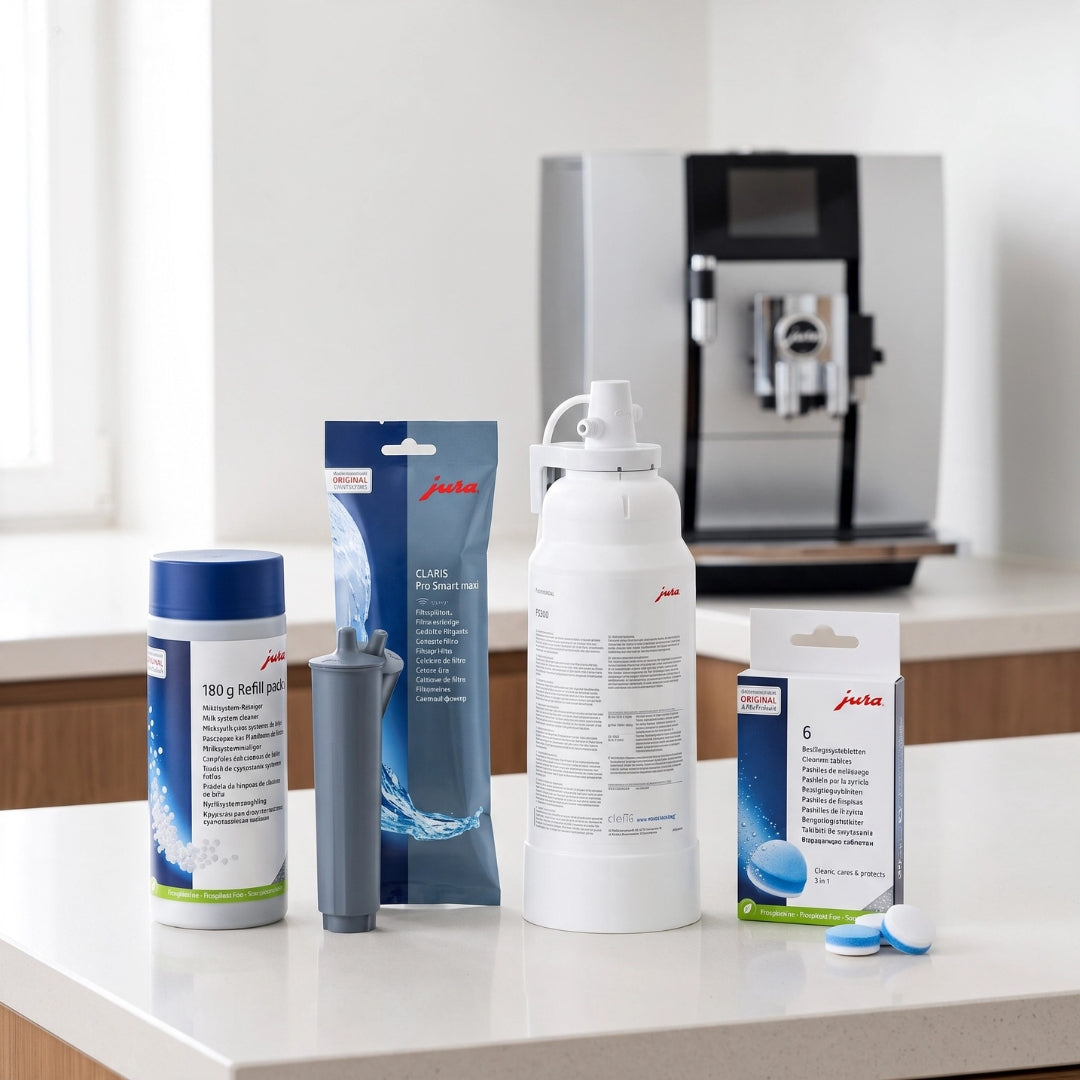 JURA cleaning tablets, milk-system cleaner, descaling tablets, CLARIS tank filters and F-series external water-filter cartridges.