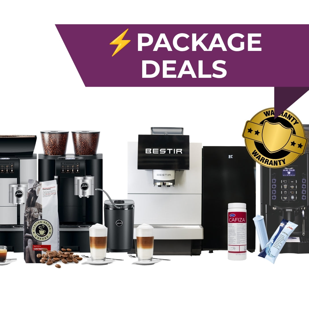 Commercial bean-to-cup coffee machine bundle package deals with milk fridge – discounted package deal for UK offices, hospitality and home use. Buy or lease.