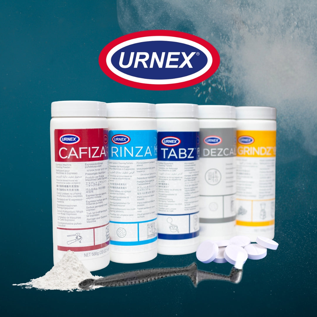 Urnex coffee machine cleaning products including Cafiza, Rinza, Dezcal, Grindz and SuperGrindz.