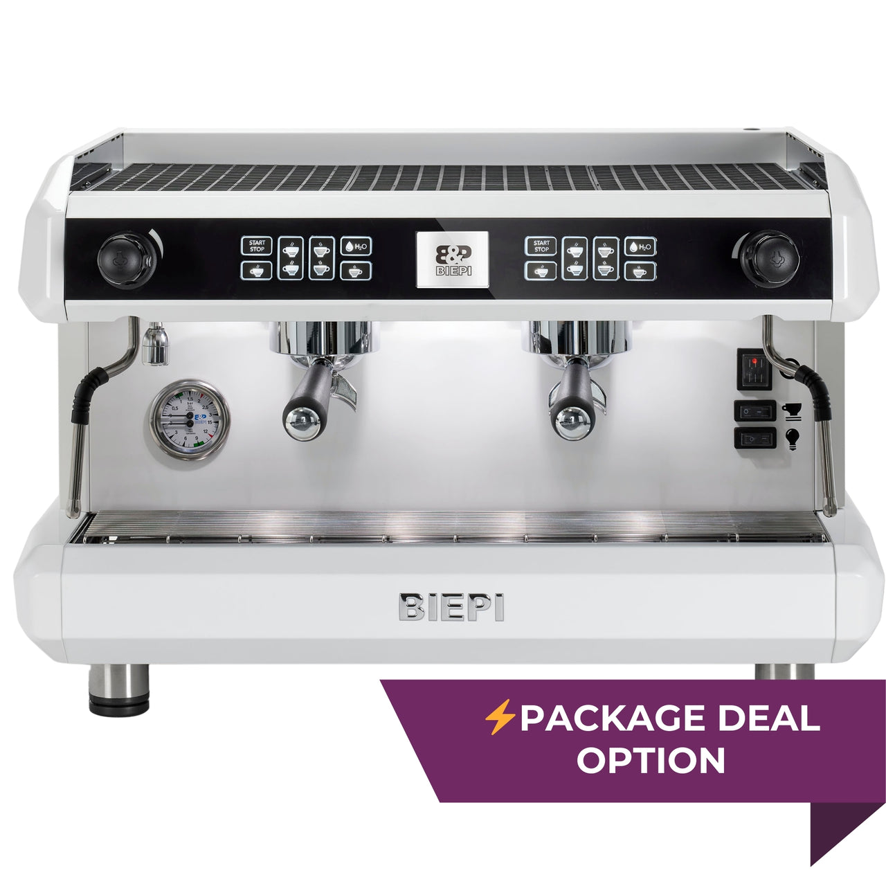 BIEPI MC-E PRO 2-group traditional espresso machine in total white – buy or lease with package option