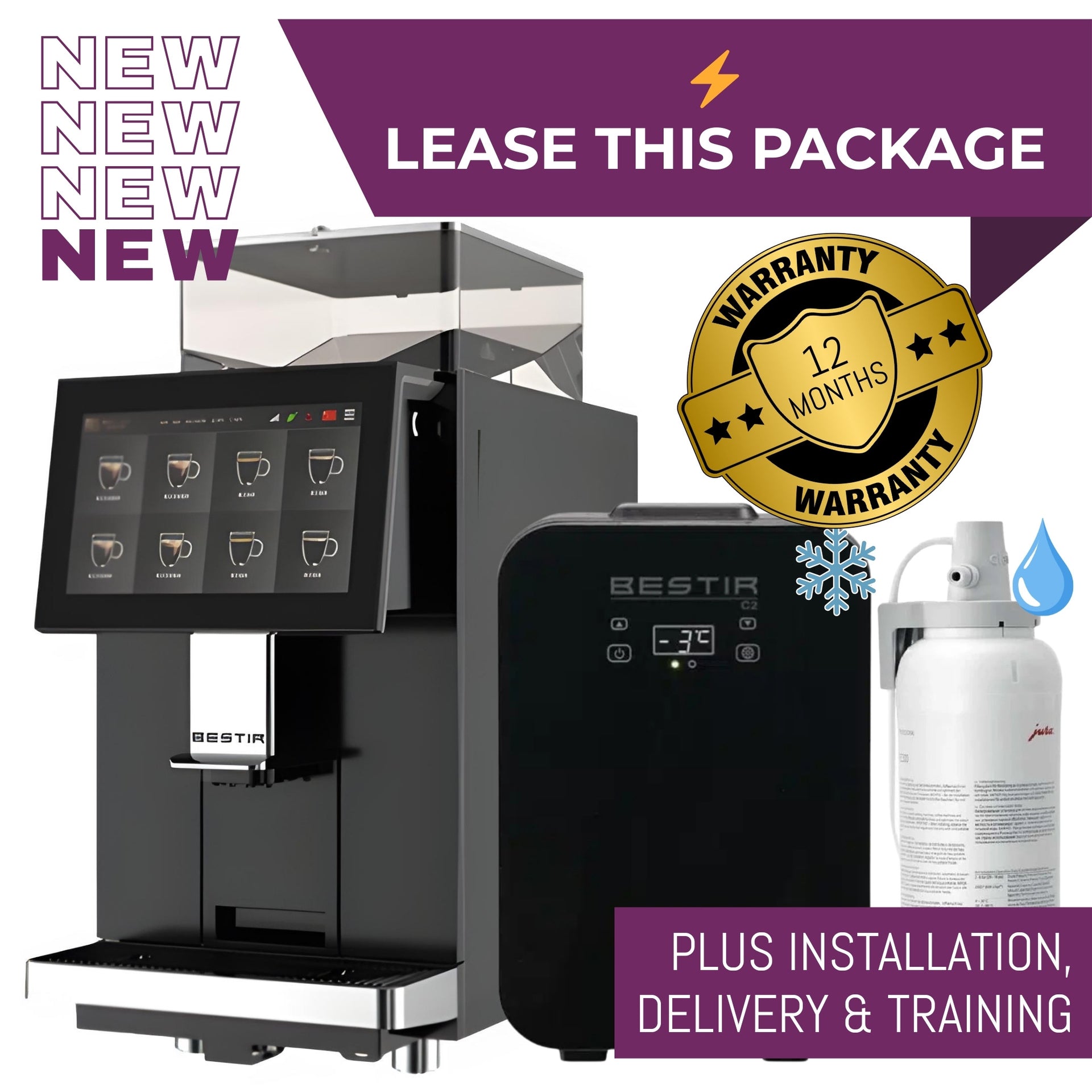 Bestir BMC300 automatic coffee machine - package deal - fresh milk bean-to-cup coffee machine package - with large touchscreen and dual coffee hoppers - buy or lease