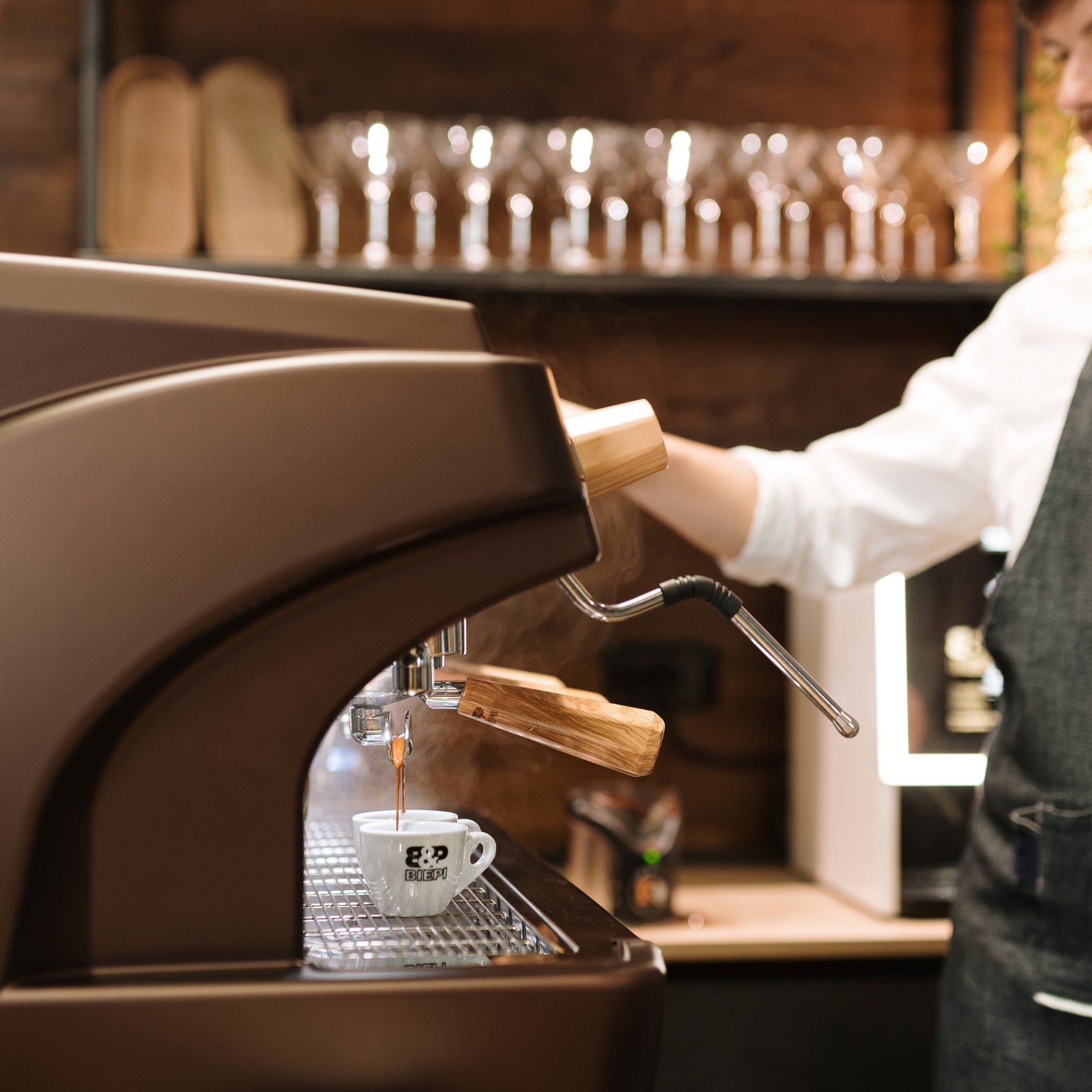 Premium Italian Biepi MC-1 Barista Pro walnut finish espresso machine for cafés and coffee shops - buy or lease