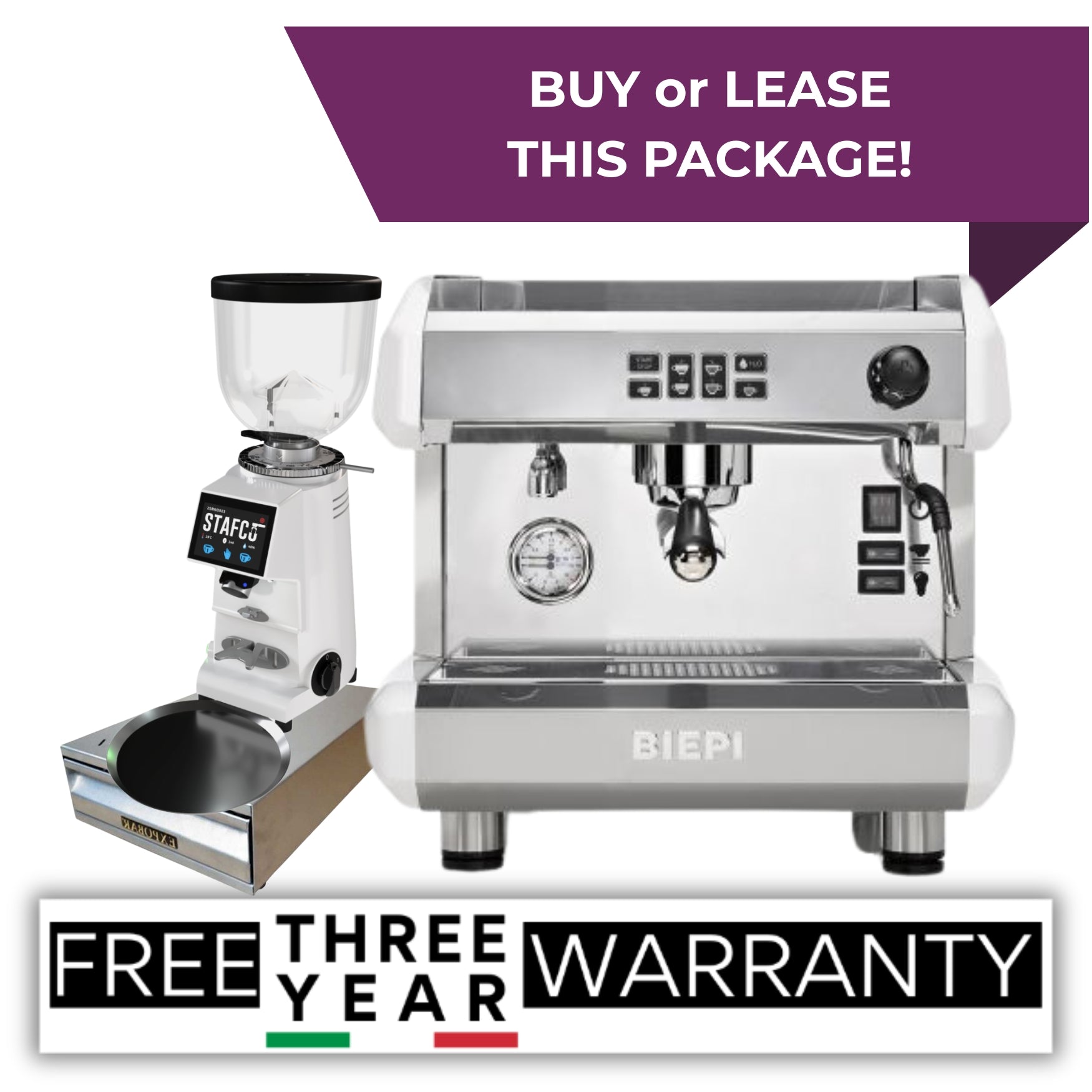 Biepi MC-E 1 group espresso machine package deal in white - with grinder & 3-year warranty – buy or lease