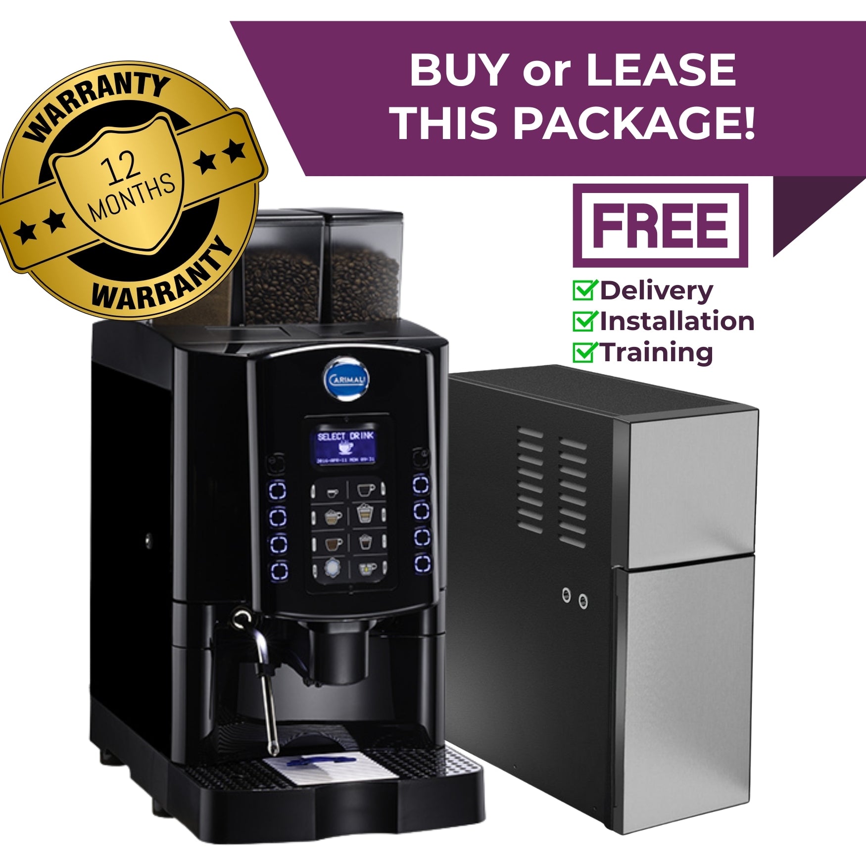 Carimali Armonia Soft fresh milk coffee machine package deal with 7L milk fridge – buy or lease