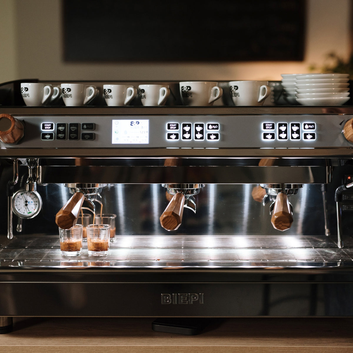 Italian Biepi MC-1 Pro 3 group commercial walnut espresso machine for coffee shops – buy or lease