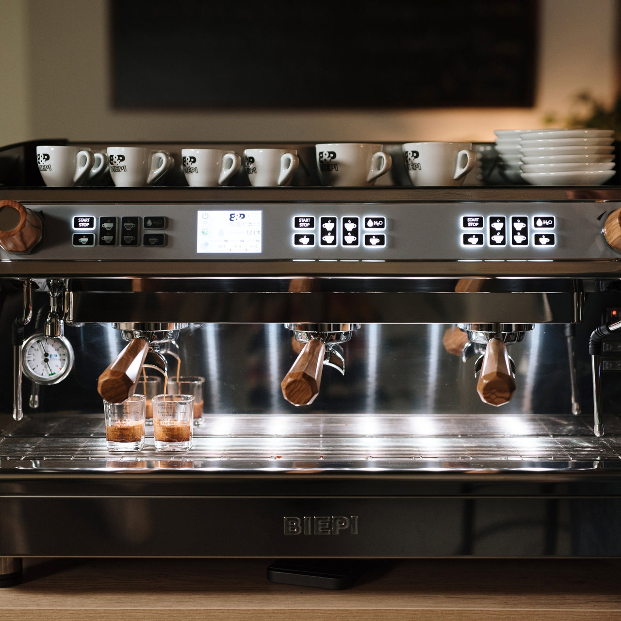 Italian Biepi MC-1 Pro 3 group walnut espresso machine for coffee shops – buy or lease