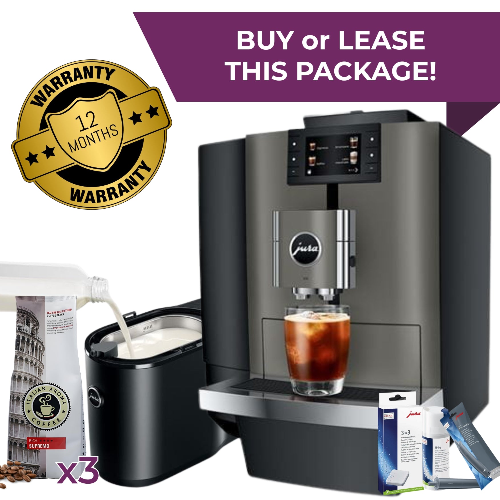 JURA X10 commercial bean-to-cup coffee machine package with 2.5L milk fridge and accessories