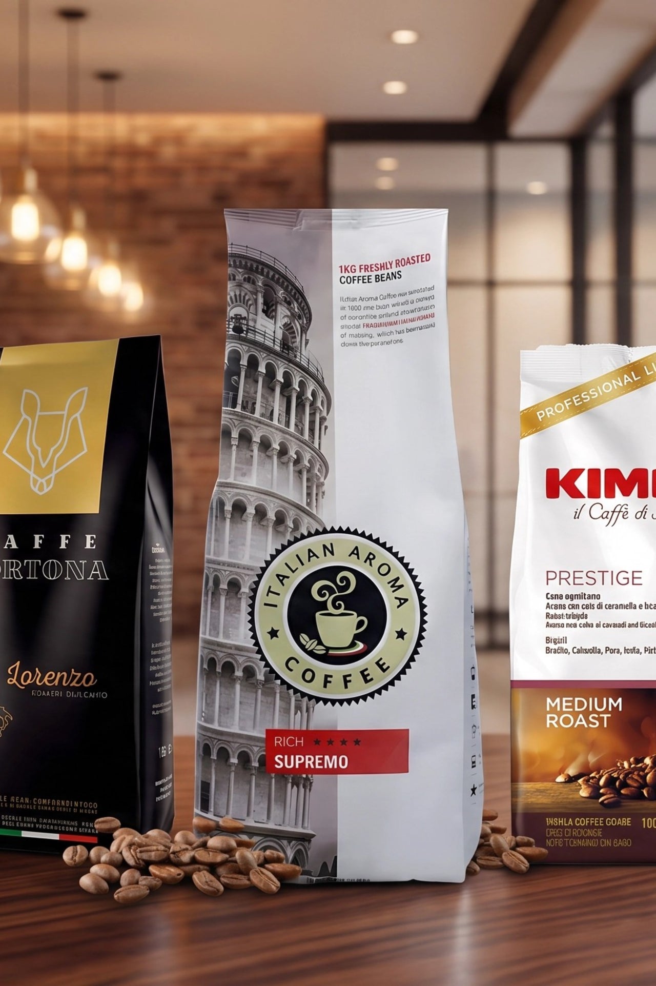 Arabica and Robusta coffee beans compared alongside blended whole coffee beans for espresso and milk-based drinks.