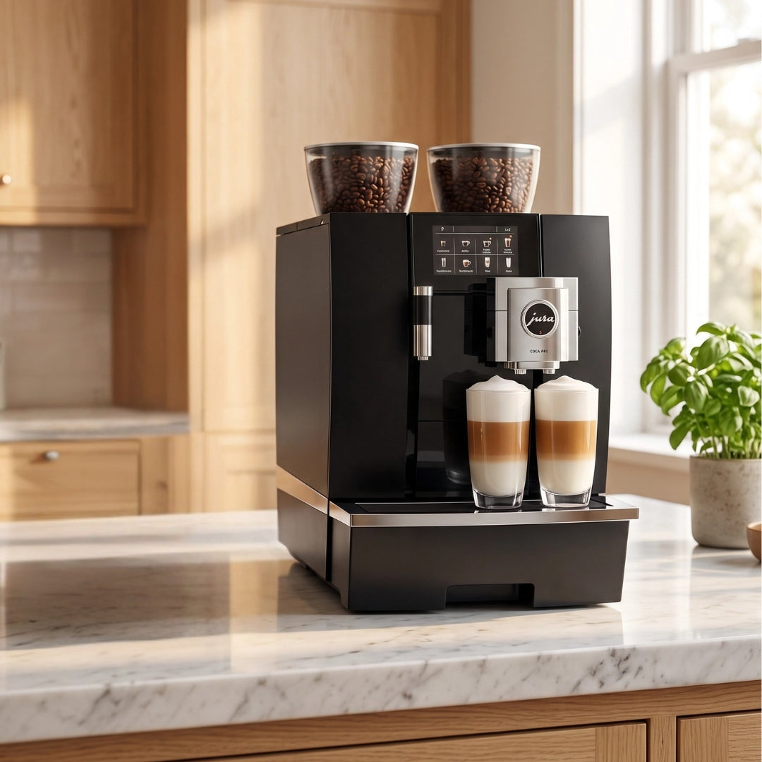 Automatic bean-to-cup coffee machine for home use with freshly ground coffee.