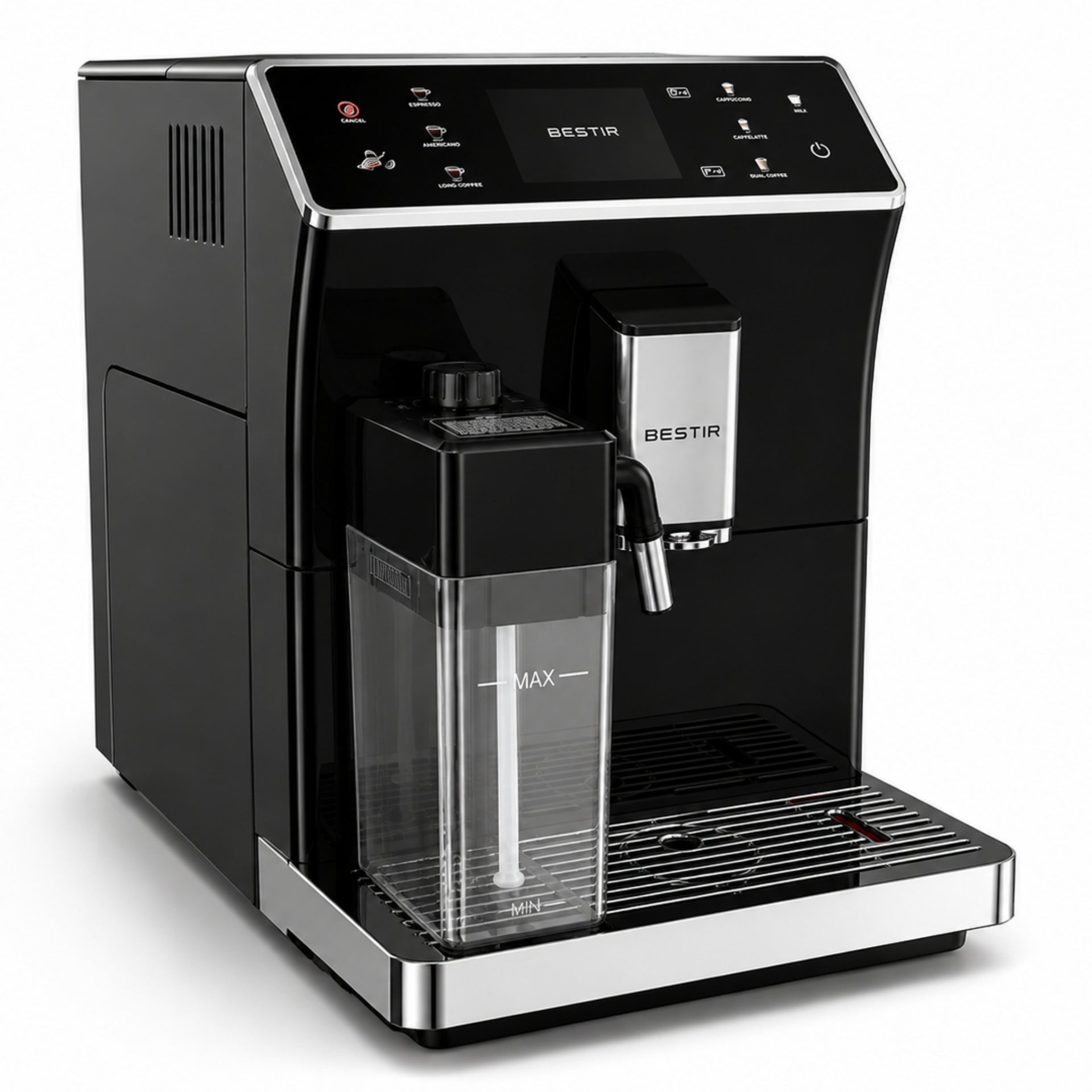 Side view of the Bestir BM20 office bean-to-cup coffee machine with compact commercial design.