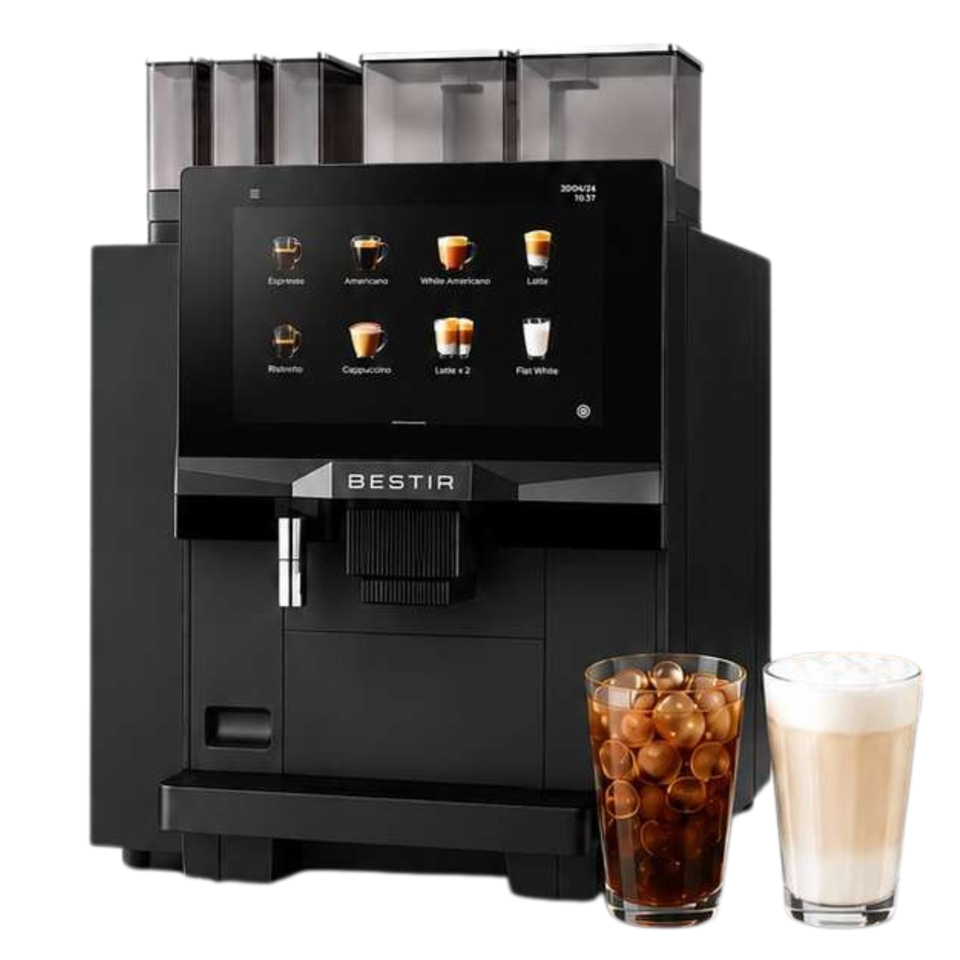 Bestir BP200 commercial bean-to-cup coffee machine with dual grinders and powdered milk system.