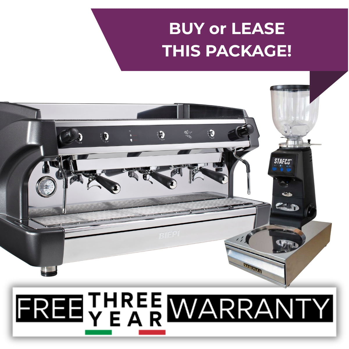 Black Biepi MC-1 3 group commercial espresso machine package with Remidag RMD64 PRO grinder and knock-out drawer - buy or lease