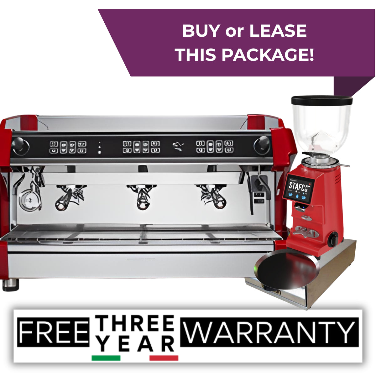 Red Biepi MC-1 3 group commercial espresso machine package with Remidag RMD64 PRO grinder and knock-out drawer – buy or lease