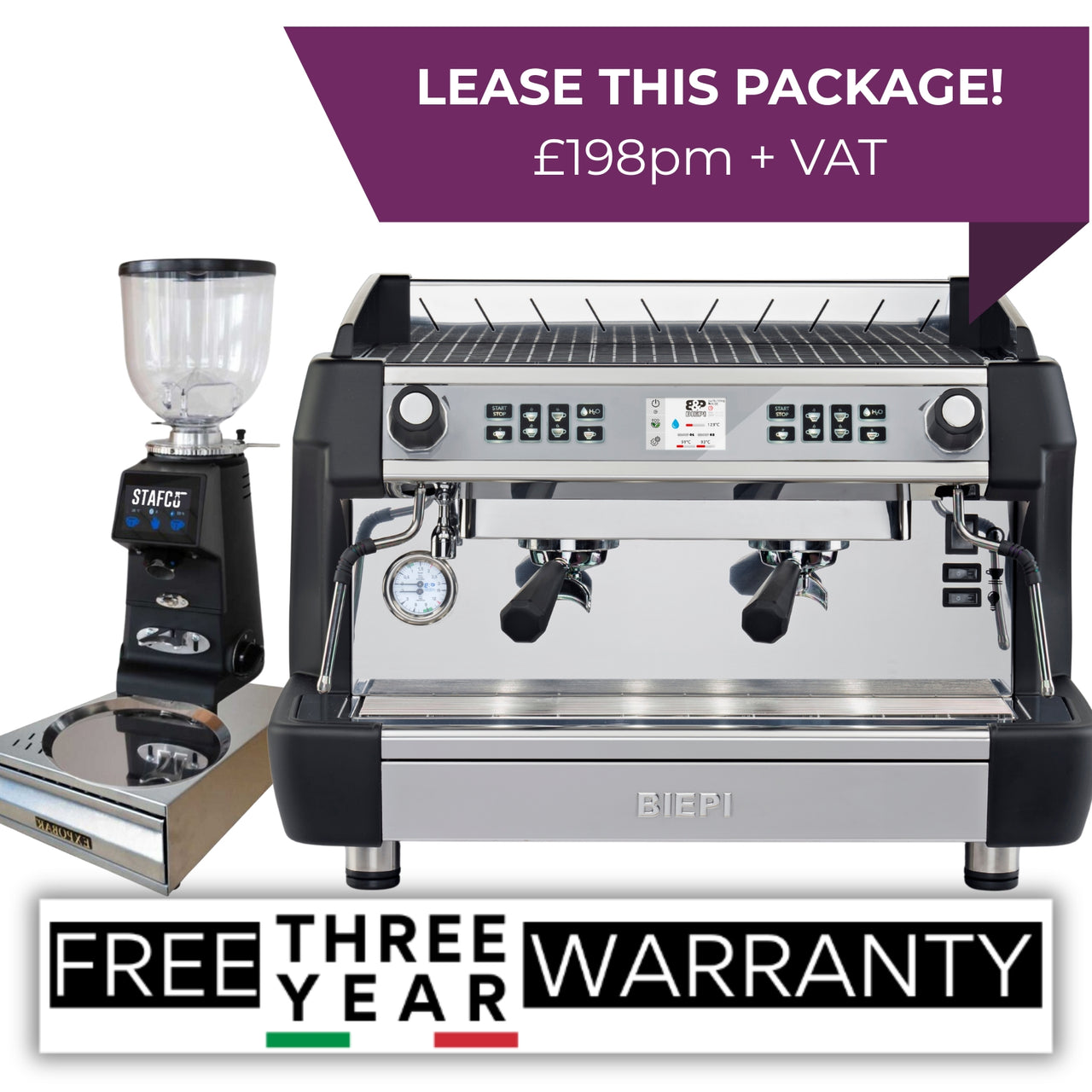 Black Biepi MC-1 Barista Pro 2 group commercial espresso machine package with Remidag grinder and knock-out drawer