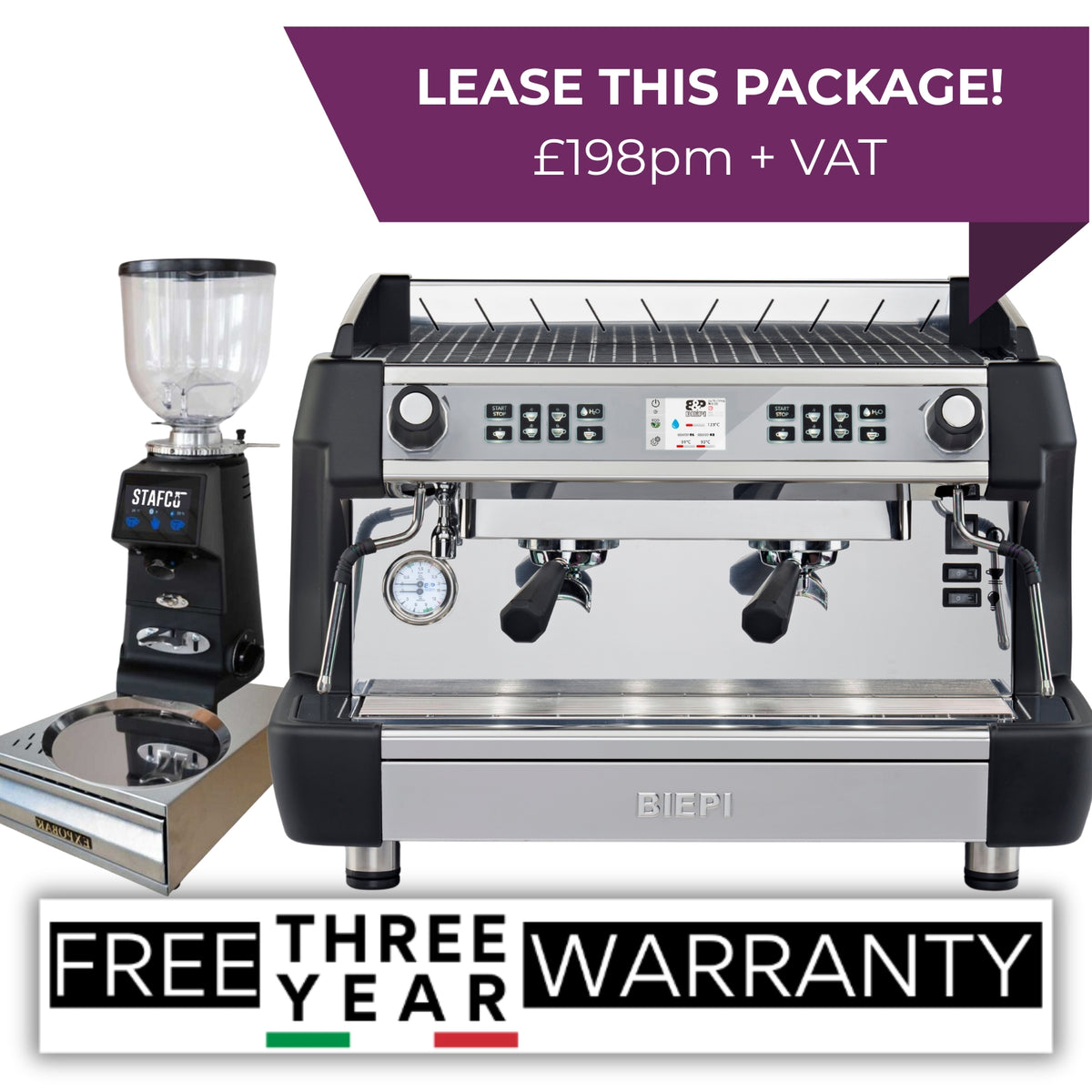 Black Biepi MC-1 Barista Pro 2 group commercial espresso machine package with Remidag grinder and knock-out drawer