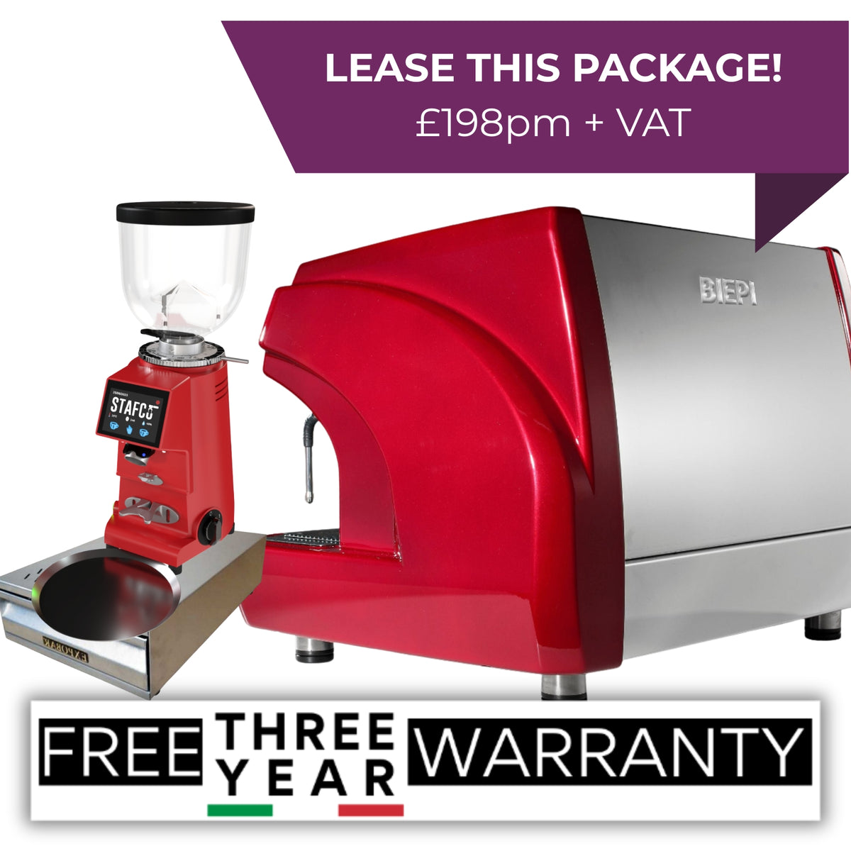 Red Biepi MC-1 Barista Pro 2 group commercial espresso machine package with Remidag grinder and knock-out drawer