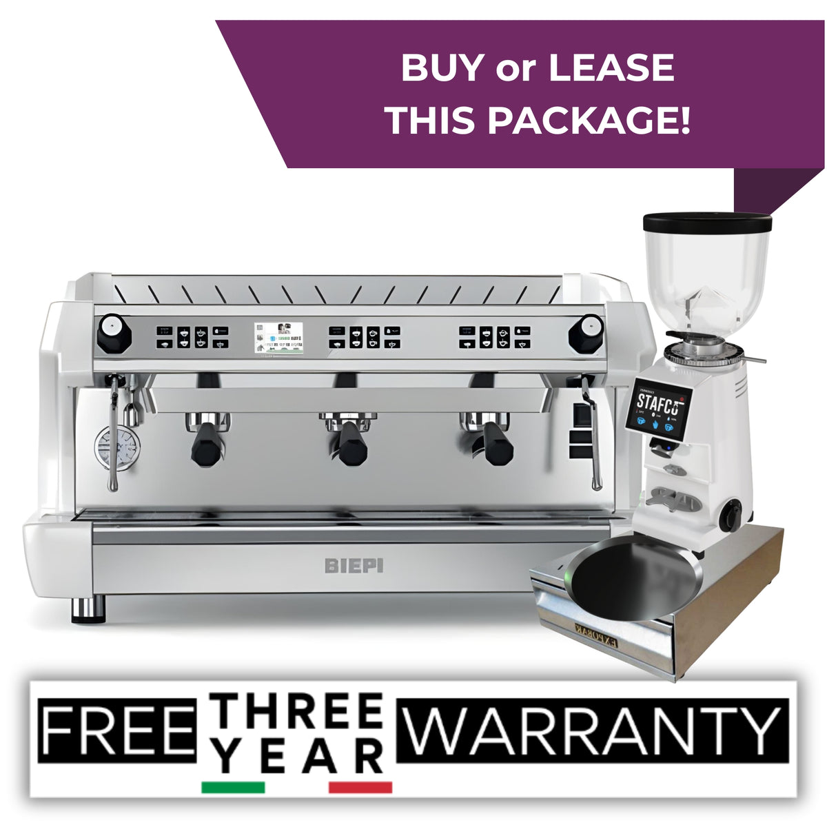 White Biepi MC-1 Barista Pro 3 group commercial espresso machine package with Remidag RMD64 PRO grinder and knock-out drawer