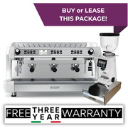 White Biepi MC-1 Barista Pro 3 group commercial espresso machine package with Remidag RMD64 PRO grinder and knock-out drawer