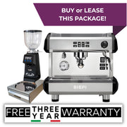 Black Biepi MC-E 1 group commercial espresso machine package with Remidag RMD64 PRO grinder and knock-out drawer