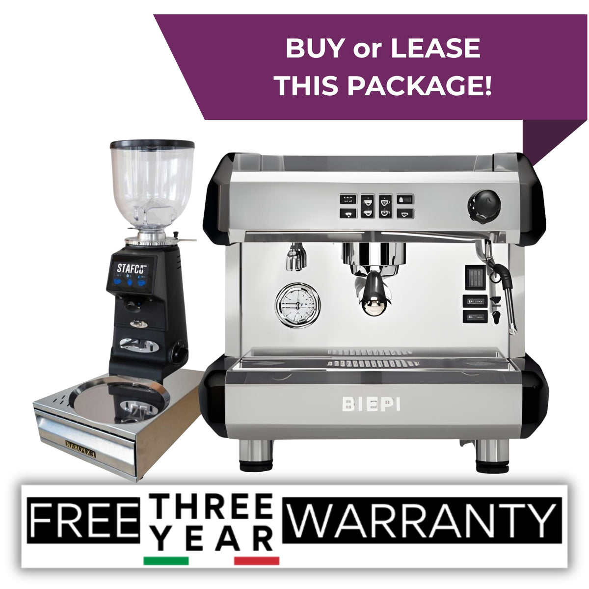 Black Biepi MC-E 1 group commercial espresso machine package with Remidag RMD64 PRO grinder and knock-out drawer