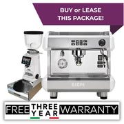 White Biepi MC-E 1 group commercial espresso machine package with Remidag RMD64 PRO grinder and knock-out drawer