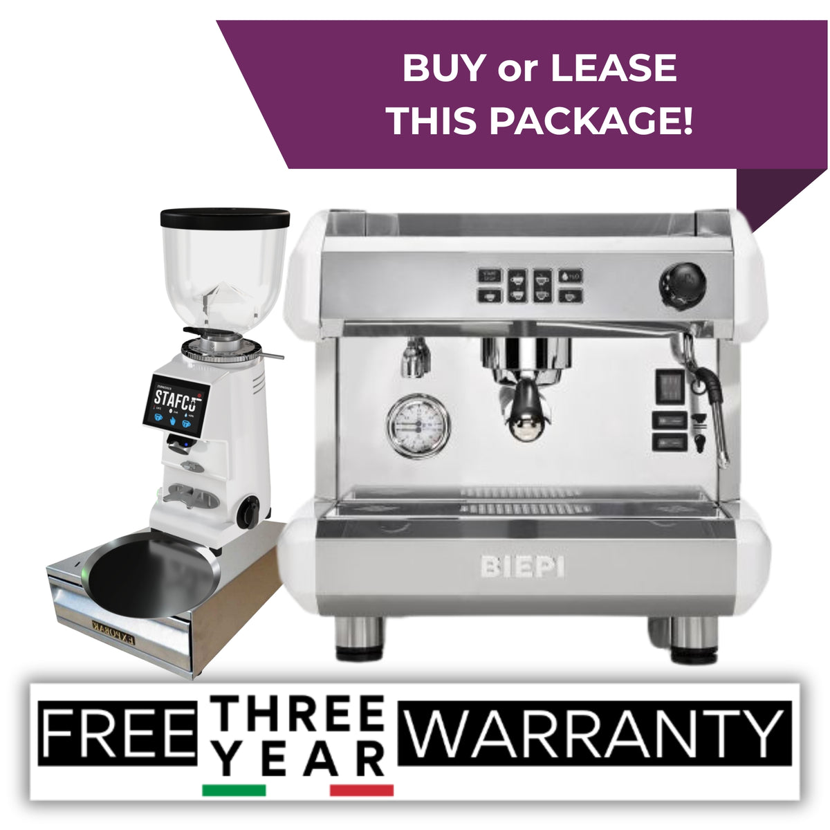 White Biepi MC-E 1 group commercial espresso machine package with Remidag RMD64 PRO grinder and knock-out drawer