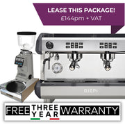 Black Biepi MC-E 2 group commercial espresso machine package with Remidag RMD64 PRO grinder and knock-out drawer