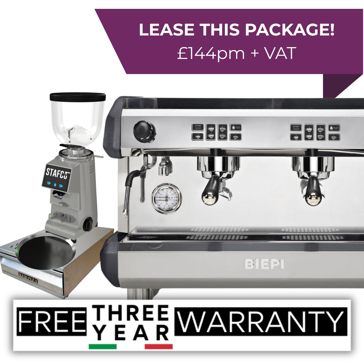 Black Biepi MC-E 2 group commercial espresso machine package with Remidag RMD64 PRO grinder and knock-out drawer
