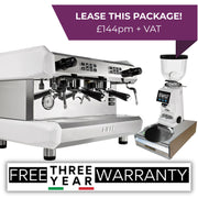 White Biepi MC-E 2 group commercial espresso machine package with Remidag RMD64 PRO grinder and knock-out drawer