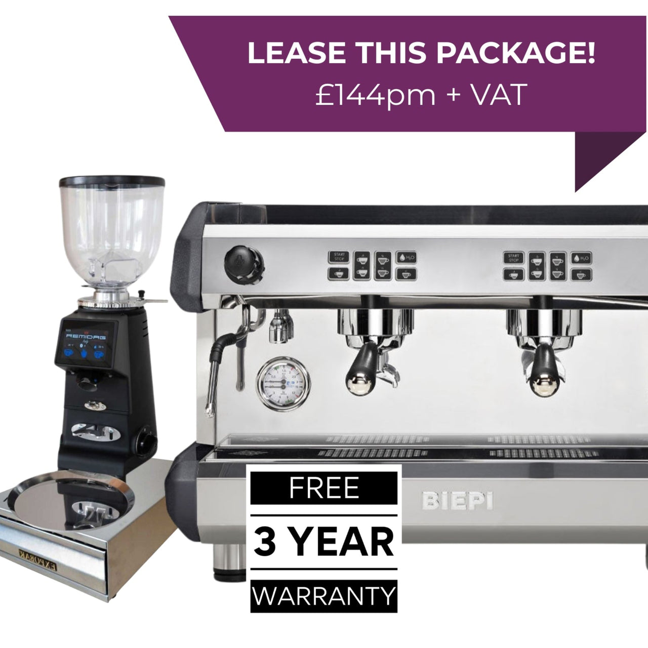 Biepi MC-E espresso machine and grinder package with 3-year warranty – complete setup for UK cafés, bars and restaurants