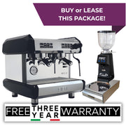Black Biepi MC-E Compact 2 group espresso machine package with Remidag RMD64 PRO grinder