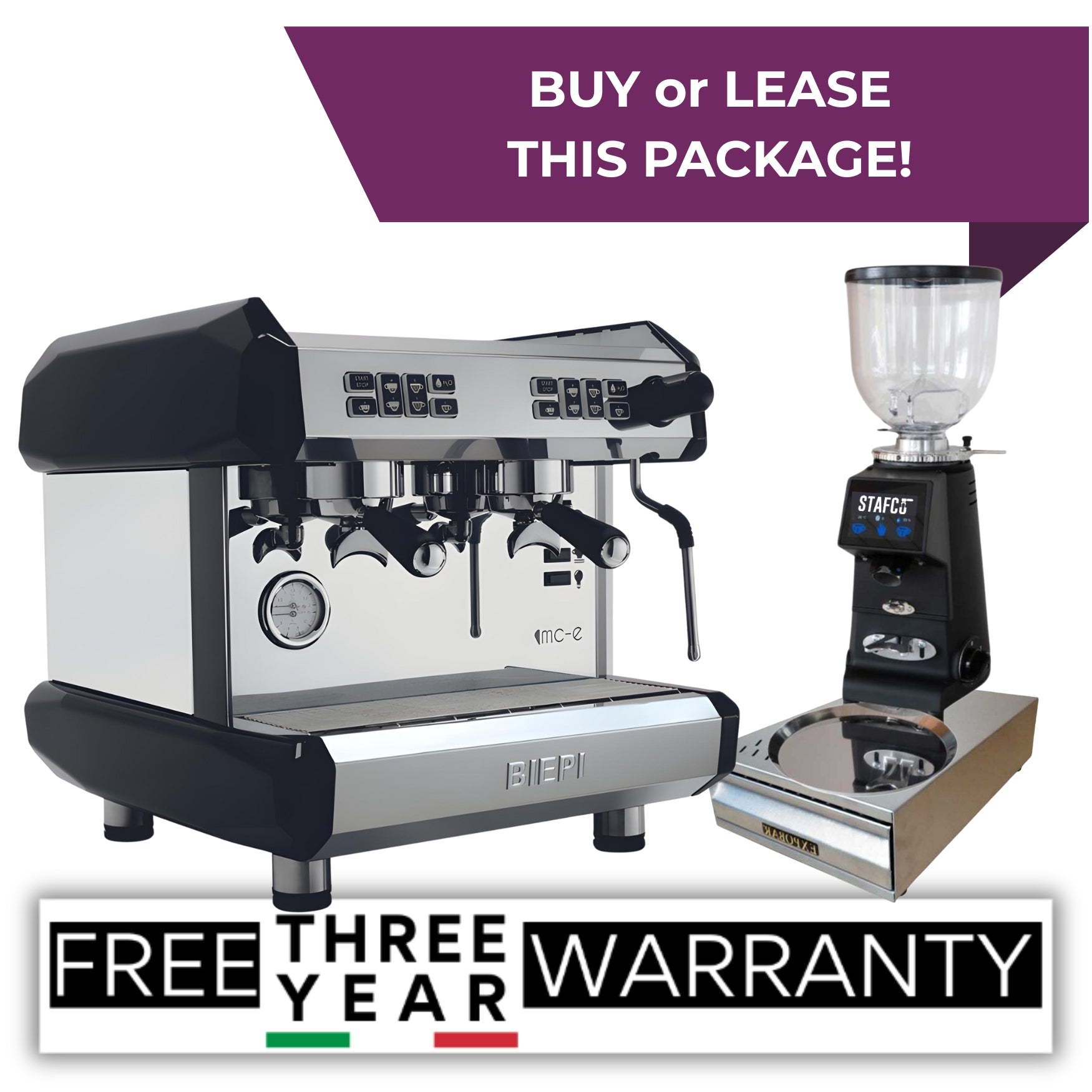 Black Biepi MC-E Compact 2 group espresso machine package with Remidag RMD64 PRO grinder