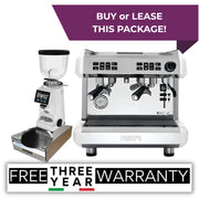 White Biepi MC-E Compact 2 group espresso machine package with Remidag RMD64 PRO grinder