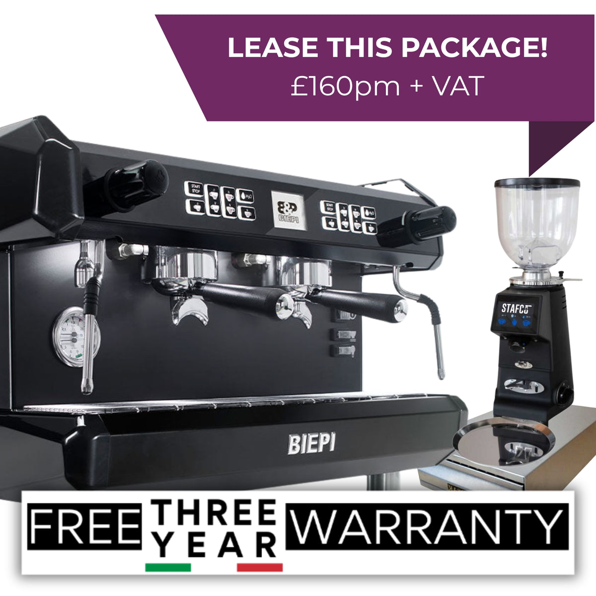 Black Biepi MC-E PRO 2 group commercial espresso machine package with Remidag grinder and knock-out drawer