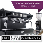 Black Biepi MC-E PRO 2 group commercial espresso machine package with Remidag grinder and knock-out drawer