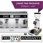 White Biepi MC-E PRO 2 group commercial espresso machine package with Remidag grinder and knock-out drawer