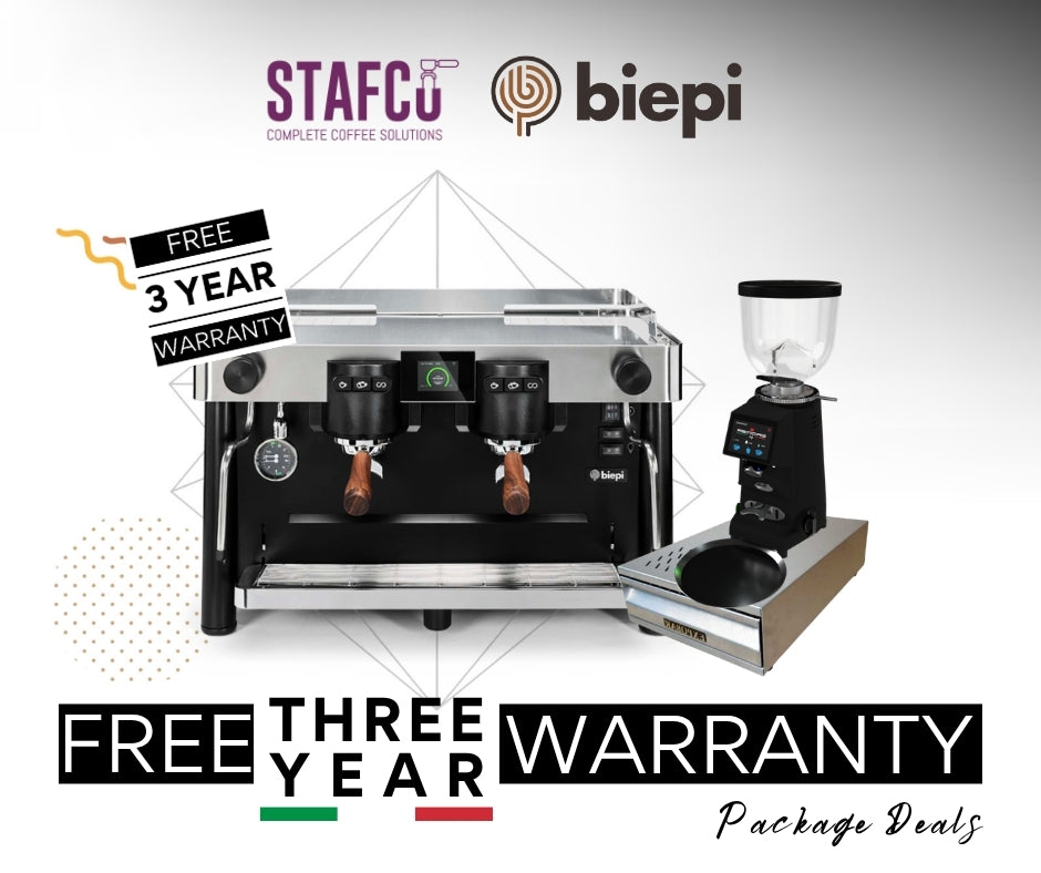 Qualifying Biepi espresso machine package with Remidag grinder and coffee waste drawer for three-year parts and labour cover.