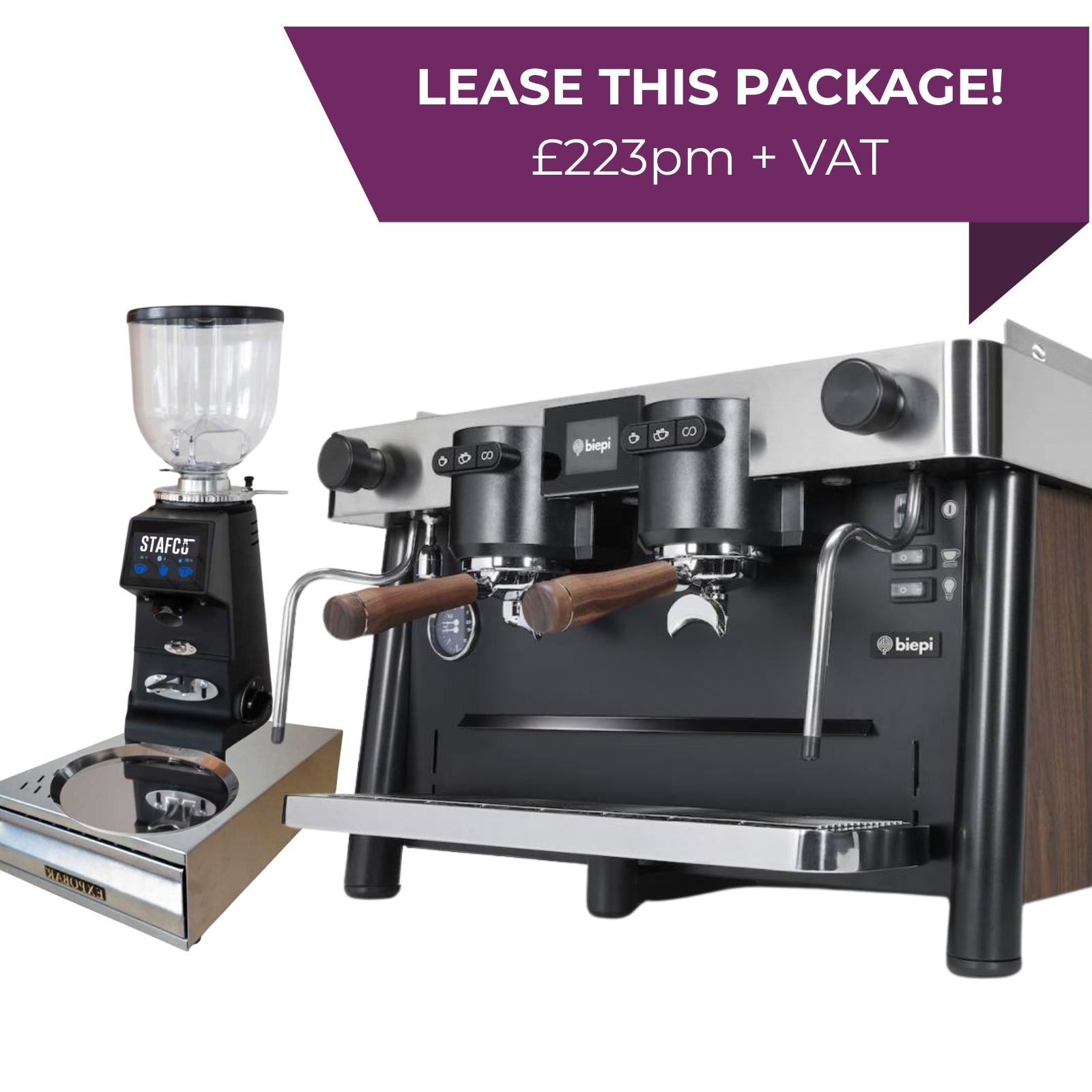 Biepi Uptown PRO 2 group commercial espresso machine package with Remidag RMD64 PRO grinder and knock-out drawer